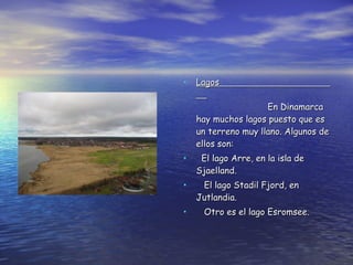 Lagos  En Dinamarca hay muchos lagos puesto que es un terreno muy llano. Algunos de ellos son: El lago Arre, en la isla de Sjaelland. El lago Stadil Fjord, en Jutlandia. Otro es el lago Esromsee.  