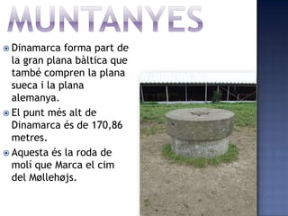  Dinamarca   forma part de
  la gran plana bàltica que
  també compren la plana
  sueca i la plana
  alemanya.
 El punt més alt de
  Dinamarca és de 170,86
  metres.
 Aquesta és la roda de
  molí que Marca el cim
  del Møllehøjs.
 