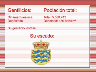 Gentilicios:
Dinamarqués/esa
Danés/esa
Su gentilicio: és/esa
Población total:
Total: 5.580.413
Densidad: 130 hab/km²
Su escudo:
 