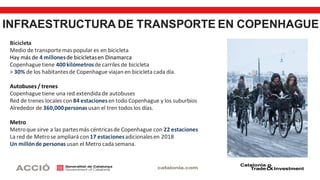 INFRAESTRUCTURA DE TRANSPORTE EN COPENHAGUE
Bicicleta
Medio de transportemas popular es en bicicleta
Hay más de 4 millonesde bicicletasen Dinamarca
Copenhague tiene 400kilómetrosde carriles de bicicleta
> 30% de los habitantesde Copenhague viajan en bicicleta cada día.
Autobuses / trenes
Copenhague tiene una red extendida de autobuses
Red de trenes locales con 84 estacionesen todo Copenhague y los suburbios
Alrededor de 360,000personasusan el tren todos los días.
Metro
Metroque sirve a las partesmás céntricasde Copenhague con 22 estaciones
La red de Metrose ampliará con17 estacionesadicionalesen 2018
Un millónde personas usan el Metro cada semana.
 