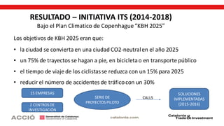 RESULTADO – INITIATIVA ITS (2014-2018)
Bajo el Plan Climatico de Copenhague“KBH 2025”
Los objetivos de KBH 2025 eran que:
• la ciudad se convierta en una ciudad CO2-neutralen el año 2025
• un 75% de trayectos se hagan a pie, en bicicletao en transporte público
• el tiempo de viaje de los ciclistasse reduzca con un 15% para 2025
• reducir el número de accidentes de tráficocon un 30%
SERIE DE
PROYECTOS PILOTO
15 EMPRESAS
2 CENTROSDE
INVESTIGACIÓN
CALLS
SOLUCIONES
IMPLEMENTADAS
(2015-2016)
 