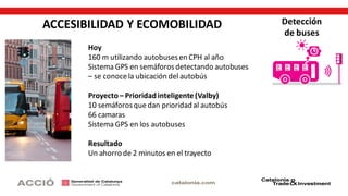ACCESIBILIDAD Y ECOMOBILIDAD Detección
de buses
Hoy
160 m utilizando autobusesen CPH al año
Sistema GPS en semáforosdetectando autobuses
– se conocela ubicación del autobús
Proyecto– Prioridadinteligente(Valby)
10 semáforosquedan prioridad al autobús
66 camaras
Sistema GPS en los autobuses
Resultado
Un ahorrode 2 minutos en el trayecto
 