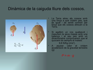 Dinàmica de la caiguda lliure dels cossos. La Terra atreu als cossos amb una força a què cridem pes, que és igual i de sentit contrari per força que els cossos atreuen a la Terra. Si agafem un cos qualsevol i mesurem la seva massa amb una balança i el seu pes amb un dinamòmetre comprovarem que el quocient és sempre el mateix:  9,8 N/Kg (m/s 2 ) .  A aquest valor el cridem acceleració de la gravetat terrestre (g)  P = m · g 