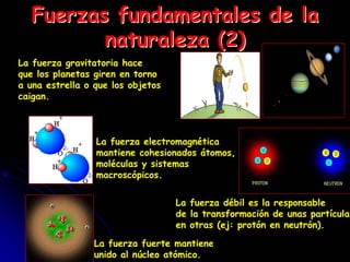 Fuerzas fundamentales de la
         naturaleza (2)
La fuerza gravitatoria hace
que los planetas giren en torno
a una estrella o que los objetos
caigan.



                 La fuerza electromagnética
                 mantiene cohesionados átomos,
                 moléculas y sistemas
                 macroscópicos.


                                   La fuerza débil es la responsable
                                   de la transformación de unas partículas
                                   en otras (ej: protón en neutrón).

                 La fuerza fuerte mantiene
                 unido al núcleo atómico.
 