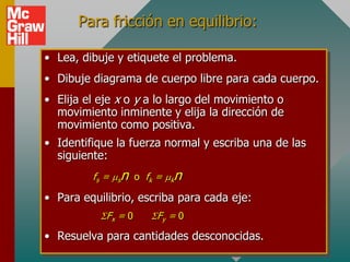 Para fricción en equilibrio:

• Lea, dibuje y etiquete el problema.
• Dibuje diagrama de cuerpo libre para cada cuerpo.
• Elija el eje x o y a lo largo del movimiento o
  movimiento inminente y elija la dirección de
  movimiento como positiva.
• Identifique la fuerza normal y escriba una de las
  siguiente:
         fs = msn o fk = mkn

• Para equilibrio, escriba para cada eje:
           SFx = 0   SFy = 0

• Resuelva para cantidades desconocidas.
 