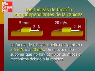 Las fuerzas de fricción
 son independientes de la rapidez.
     5 m/s                20 m/s
             2 N                     2 N



La fuerza de fricción cinética es la misma
a 5 m/s o a 20 m/s. De nuevo, debe
suponer que no hay cambios químicos o
mecánicos debido a la rapidez.
 