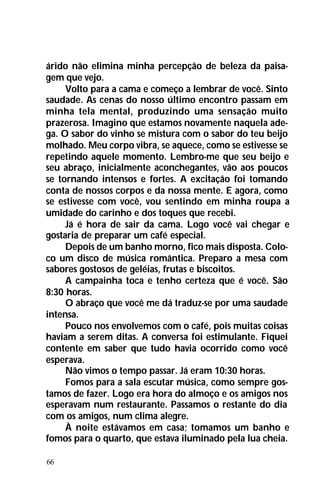 66
árido não elimina minha percepção de beleza da paisa-
gem que vejo.
Volto para a cama e começo a lembrar de você. Sinto
saudade. As cenas do nosso último encontro passam em
minha tela mental, produzindo uma sensação muito
prazerosa. Imagino que estamos novamente naquela ade-
ga. O sabor do vinho se mistura com o sabor do teu beijo
molhado. Meu corpo vibra, se aquece, como se estivesse se
repetindo aquele momento. Lembro-me que seu beijo e
seu abraço, inicialmente aconchegantes, vão aos poucos
se tornando intensos e fortes. A excitação foi tomando
conta de nossos corpos e da nossa mente. E agora, como
se estivesse com você, vou sentindo em minha roupa a
umidade do carinho e dos toques que recebi.
Já é hora de sair da cama. Logo você vai chegar e
gostaria de preparar um café especial.
Depois de um banho morno, fico mais disposta. Colo-
co um disco de música romântica. Preparo a mesa com
sabores gostosos de geléias, frutas e biscoitos.
A campainha toca e tenho certeza que é você. São
8:30 horas.
O abraço que você me dá traduz-se por uma saudade
intensa.
Pouco nos envolvemos com o café, pois muitas coisas
haviam a serem ditas. A conversa foi estimulante. Fiquei
contente em saber que tudo havia ocorrido como você
esperava.
Não vimos o tempo passar. Já eram 10:30 horas.
Fomos para a sala escutar música, como sempre gos-
tamos de fazer. Logo era hora do almoço e os amigos nos
esperavam num restaurante. Passamos o restante do dia
com os amigos, num clima alegre.
À noite estávamos em casa; tomamos um banho e
fomos para o quarto, que estava iluminado pela lua cheia.
 