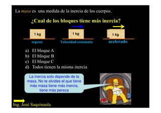 La masa es una medida de la inercia de los cuerpos.
¿Cual de los bloques tiene más inercia?
1 kg
reposo Velocidad constante acelerado
1 kg 1 kg
.
a) El bloque A
b) El bloque B
La inercia solo depende de la
masa. No te olvides el que tiene
más masa tiene más inercia,
tiene más pereza
b) El bloque B
c) El bloque C
d) Todos tienen la misma inercia
Ing. José Saquinaula
 