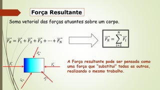 Força Resultante
Soma vetorial das forças atuantes sobre um corpo.
𝐹𝑅 = 𝐹1 + 𝐹2 + 𝐹3 + ⋯ + 𝐹𝑁
𝐹𝑅 =
𝑖=1
𝑁
𝐹𝑖
𝐹1 𝐹4
A Força resultante pode ser pensada como
uma força que “substitui” todas as outras,
realizando o mesmo trabalho.
 
