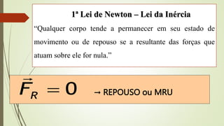 1ª Lei de Newton – Lei da Inércia
“Qualquer corpo tende a permanecer em seu estado de
movimento ou de repouso se a resultante das forças que
atuam sobre ele for nula.”
0

R
F

→ REPOUSO ou MRU
 