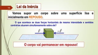 Vamos supor um corpo sobre uma superfície lisa e
inicialmente em REPOUSO.
O que acontece se duas forças horizontais de mesma intensidade e sentidos
contrários atuarem simultaneamente sobre ele?
O corpo vai permanecer em repouso!
𝐹 −𝐹
18 Lei da Inércia
 