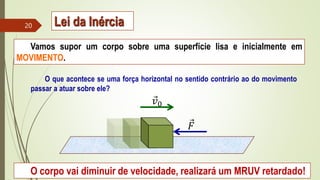Vamos supor um corpo sobre uma superfície lisa e inicialmente em
MOVIMENTO.
O que acontece se uma força horizontal no sentido contrário ao do movimento
passar a atuar sobre ele?
O corpo vai diminuir de velocidade, realizará um MRUV retardado!
𝐹
𝑣0
20 Lei da Inércia
 