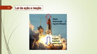 Foguete
expelindo os
gases (ação)
Gases
empurrando o
foguete (Reação)
35 Lei da ação e reação
 