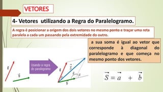 VETORES
4- Vetores utilizando a Regra do Paralelogramo.
A regra é posicionar a origem dos dois vetores no mesmo ponto e traçar uma reta
paralela a cada um passando pela extremidade do outro.
a sua soma é igual ao vetor que
corresponde à diagonal do
paralelogramo e que começa no
mesmo ponto dos vetores.
 