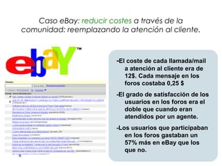 Caso eBay: reducir costes a través de la
    comunidad: reemplazando la atención al cliente.



                            -El coste de cada llamada/mail
                               a atención al cliente era de
                               12$. Cada mensaje en los
                               foros costaba 0,25 $
                            -El grado de satisfacción de los
                               usuarios en los foros era el
                               doble que cuando eran
                               atendidos por un agente.
                            -Los usuarios que participaban
                               en los foros gastaban un
                               57% más en eBay que los
                               que no.
8
 