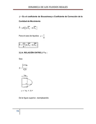 DINAMICA DE LOS FLUIDOS REALES
15
 = Es el coeficiente de Boussinesq o Coeficiente de Corrección de la
Cantidad de Movimiento
2 12 m 1 mF Q V V     
r uuur uuur
Para el caso de líquidos:
g

 
2 12 m 1 m
Q
F V V
g
     
r uuur uuur
3.2.4. RELACIÓN ENTRE  Y  :
Sea:
 

2
s
2
m
V ds
V S
De la figura superior, reemplazando:
 