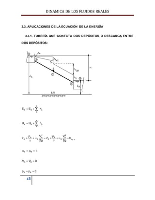 DINAMICA DE LOS FLUIDOS REALES
18
3.3. APLICACIONES DE LA ECUACIÓN DE LA ENERGÍA
3.3.1. TUBERÍA QUE CONECTA DOS DEPÓSITOS O DESCARGA ENTRE
DOS DEPÓSITOS:
A
A B p
B
E E h  
A
A B p
B
H H h  
A B
2 2
A A B B
A A B B p
p V p V
z z h
2g 2g 
       
 
A B 1   
A BV V 0 
A Bp p 0 
 