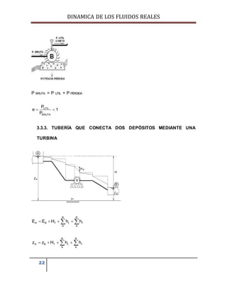 DINAMICA DE LOS FLUIDOS REALES
22
P BRUTA = P UTIL + P PÉRDIDA
UTIL
BRUTA
P
e 1
P
 
3.3.3. TUBERÍA QUE CONECTA DOS DEPÓSITOS MEDIANTE UNA
TURBINA
B B
A B T L f
A A
E E H h h    
B B
A B T L f
A A
z z H h h    
 