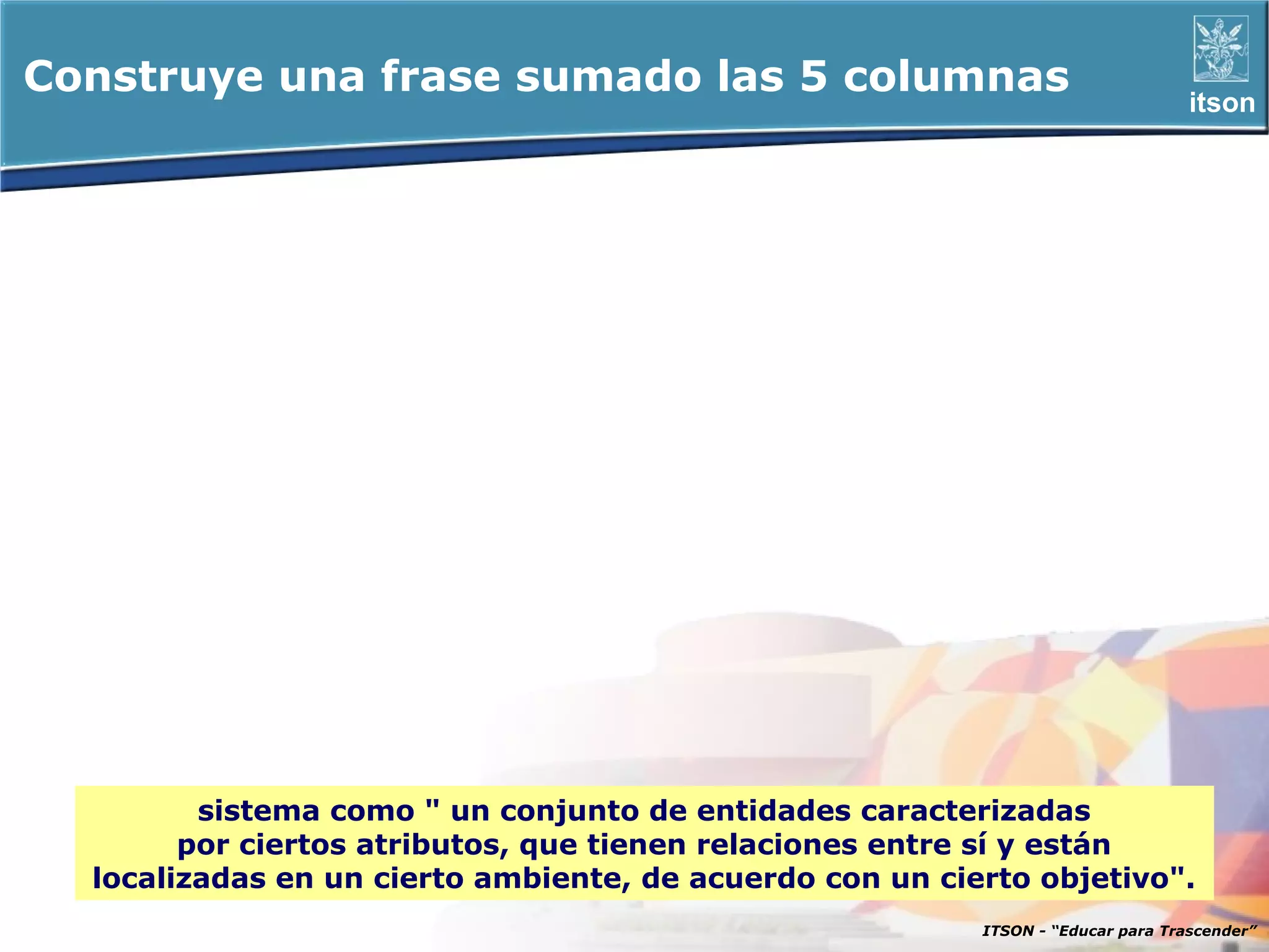Construye una frase sumado las 5 columnas                                         itson




         sistema como " un conjunto de entidades caracterizadas
        por ciertos atributos, que tienen relaciones entre sí y están
  localizadas en un cierto ambiente, de acuerdo con un cierto objetivo".
                                                          ITSON - “Educar para Trascender”
 