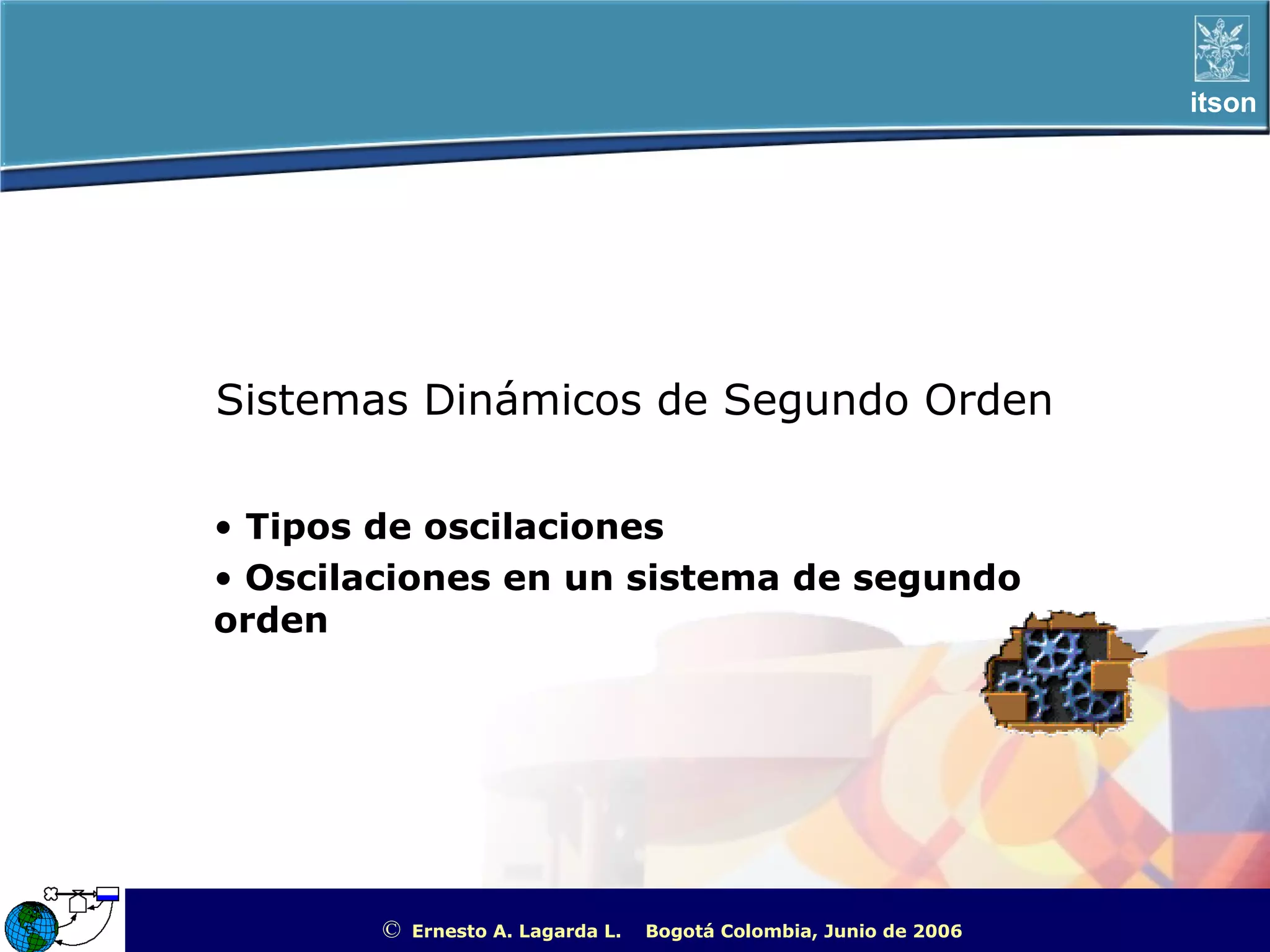 itson




Sistemas Dinámicos de Segundo Orden

• Tipos de oscilaciones
• Oscilaciones en un sistema de segundo
orden




        ©   Ernesto A. Lagarda L.   Bogotá Colombia, Junio de 2006   ITSON - “Educar para Trascender”
 