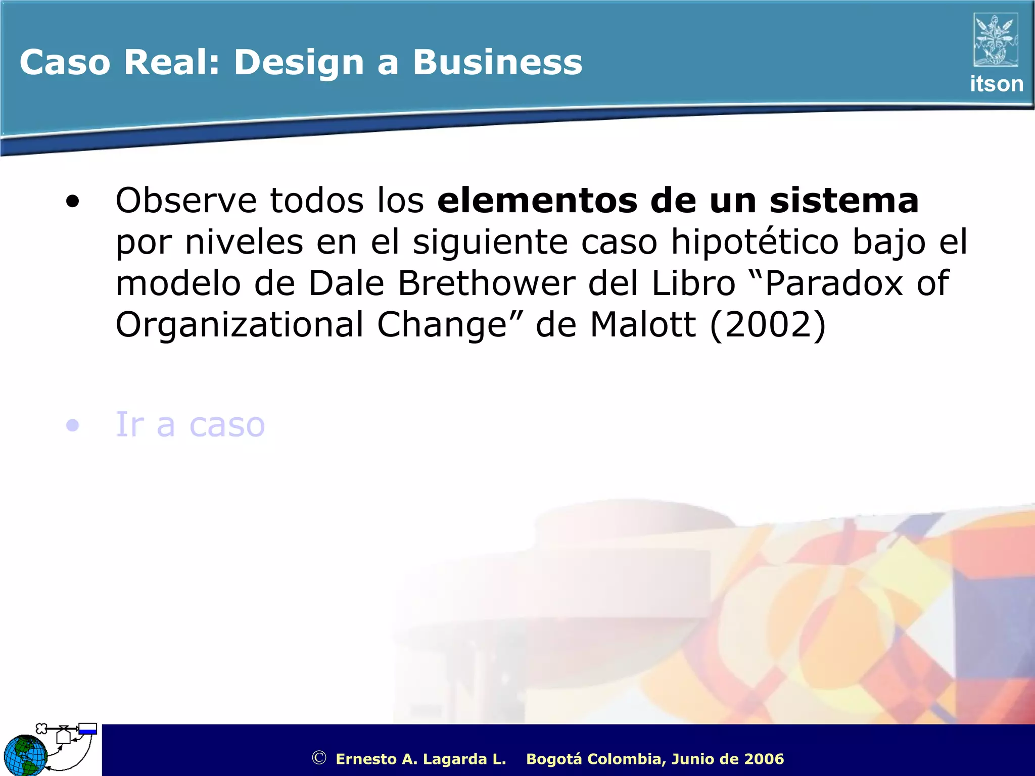 Caso Real: Design a Business                                                                         itson




  • Observe todos los elementos de un sistema
    por niveles en el siguiente caso hipotético bajo el
    modelo de Dale Brethower del Libro “Paradox of
    Organizational Change” de Malott (2002)

  • Ir a caso




                ©   Ernesto A. Lagarda L.   Bogotá Colombia, Junio de 2006   ITSON - “Educar para Trascender”
 