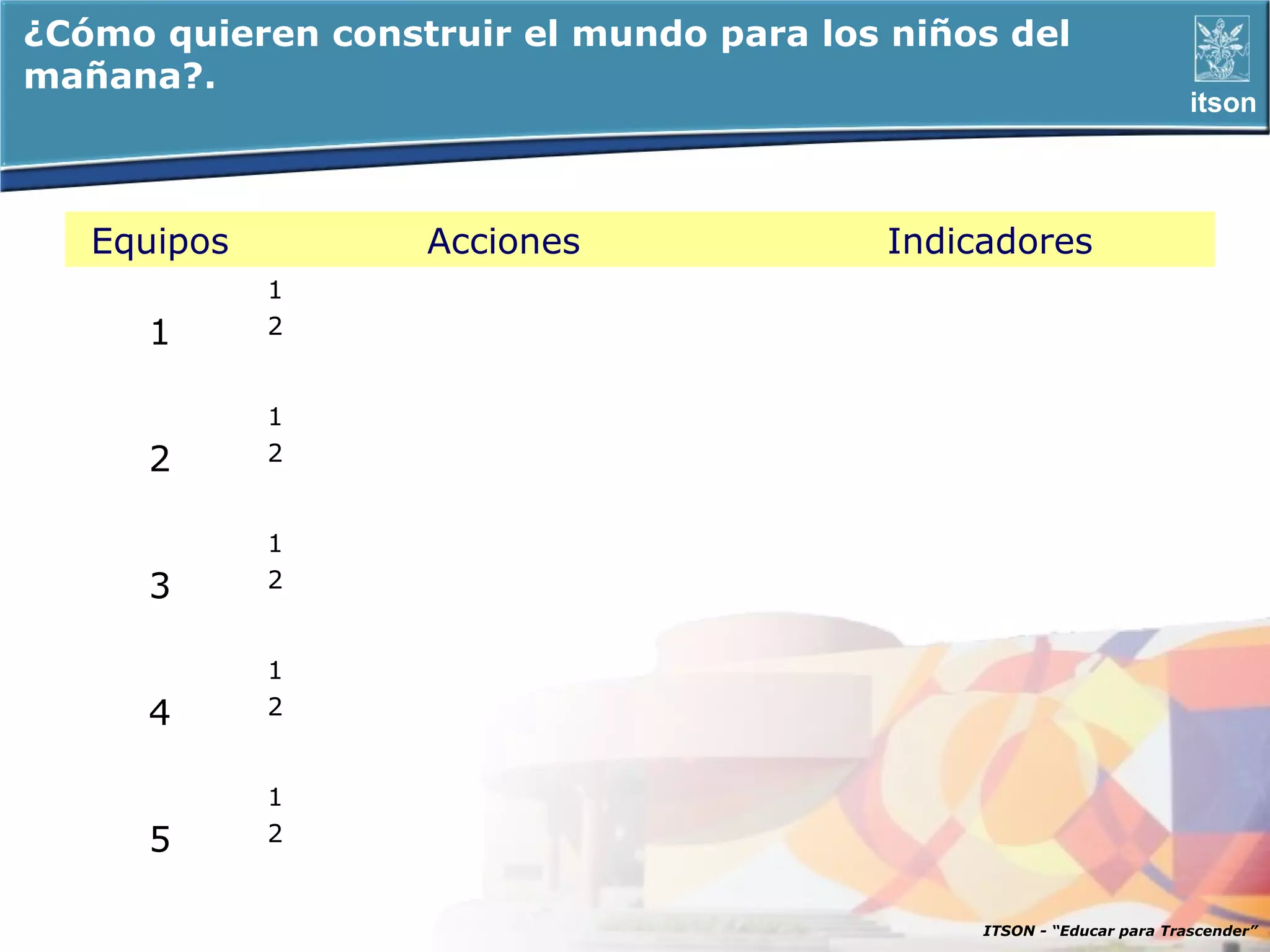 ¿Cómo quieren construir el mundo para los niños del
mañana?.
                                                                       itson




   Equipos         Acciones               Indicadores
             1
      1      2


             1
      2      2


             1
      3      2


             1
      4      2


             1
      5      2


                                               ITSON - “Educar para Trascender”
 