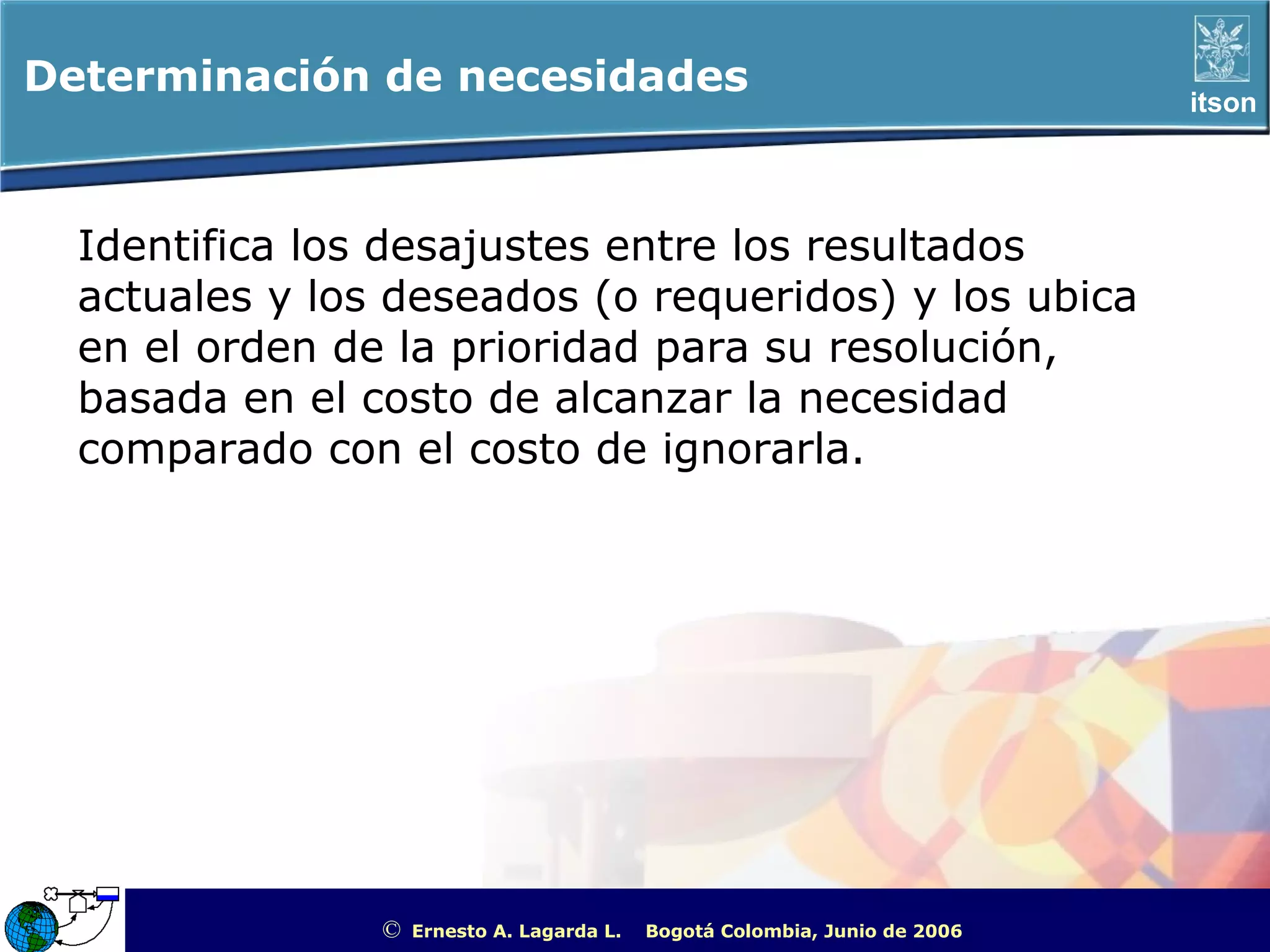 Determinación de necesidades                                                                         itson




  Identifica los desajustes entre los resultados
  actuales y los deseados (o requeridos) y los ubica
  en el orden de la prioridad para su resolución,
  basada en el costo de alcanzar la necesidad
  comparado con el costo de ignorarla.




                ©   Ernesto A. Lagarda L.   Bogotá Colombia, Junio de 2006   ITSON - “Educar para Trascender”
 