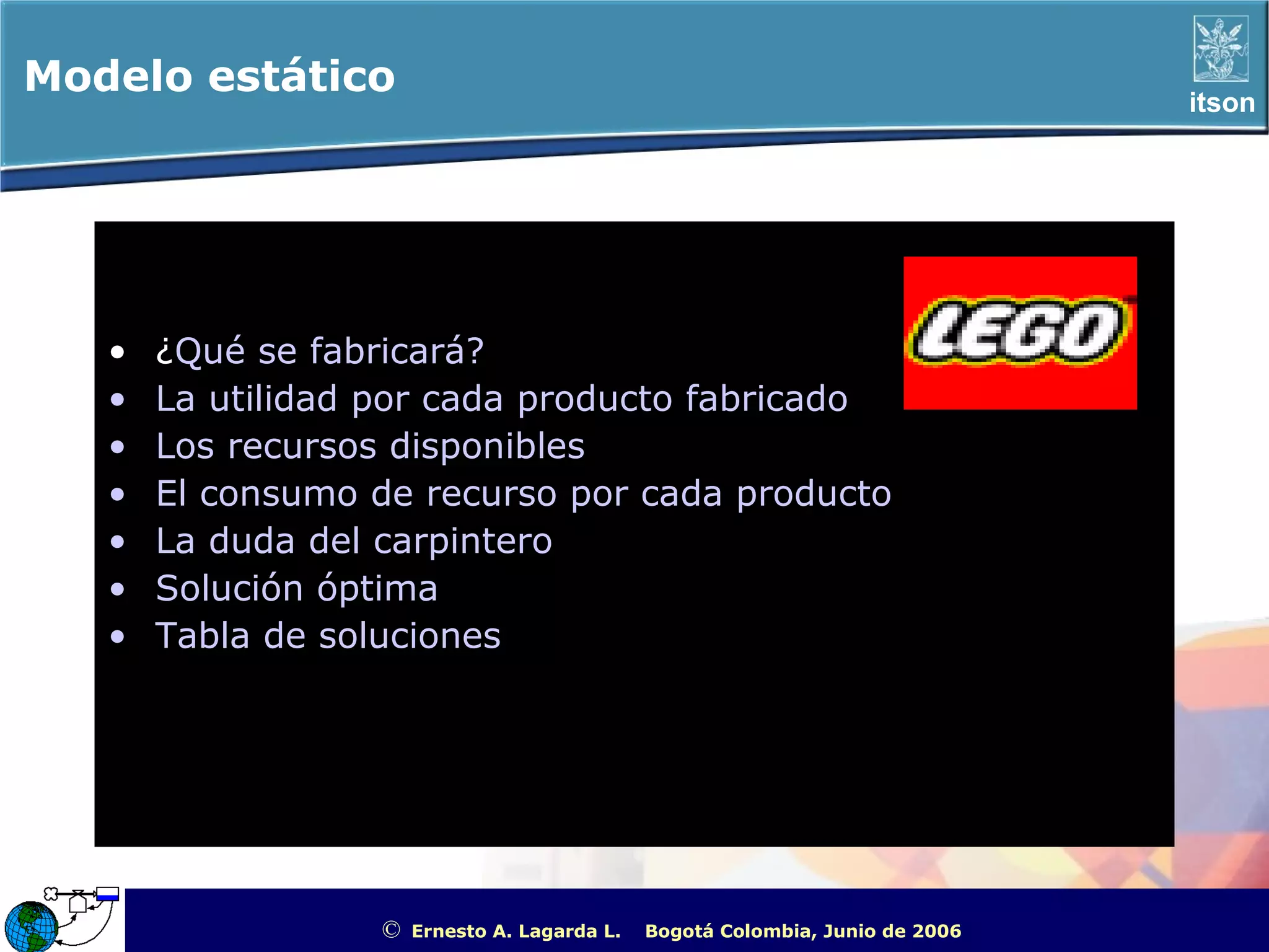 Modelo estático                                                                                        itson




   •   ¿Qué se fabricará?
   •   La utilidad por cada producto fabricado
   •   Los recursos disponibles
   •   El consumo de recurso por cada producto
   •   La duda del carpintero
   •   Solución óptima
   •   Tabla de soluciones




                  ©   Ernesto A. Lagarda L.   Bogotá Colombia, Junio de 2006   ITSON - “Educar para Trascender”
 