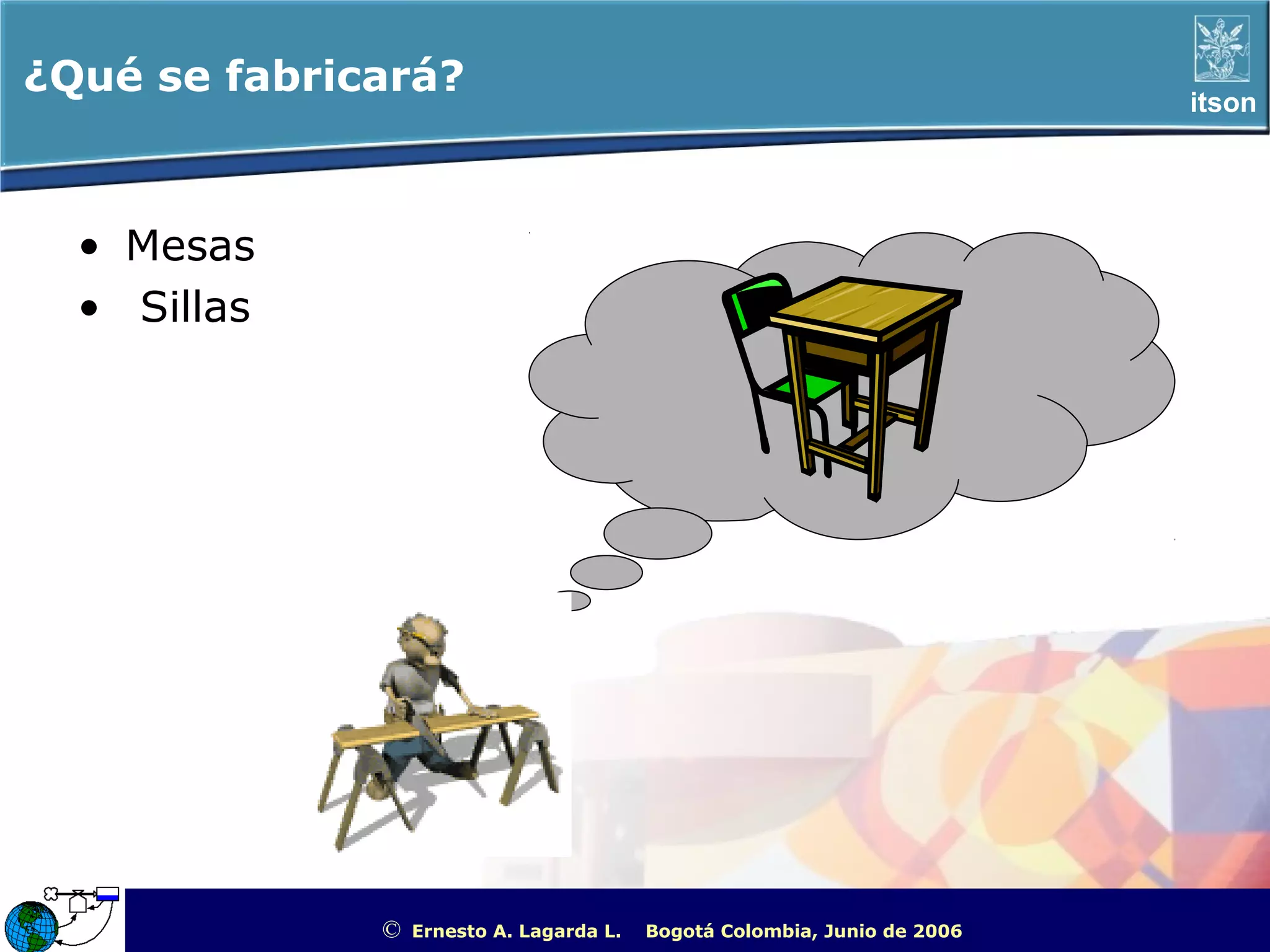 ¿Qué se fabricará?                                                                                 itson




  • Mesas
  • Sillas




              ©   Ernesto A. Lagarda L.   Bogotá Colombia, Junio de 2006   ITSON - “Educar para Trascender”
 