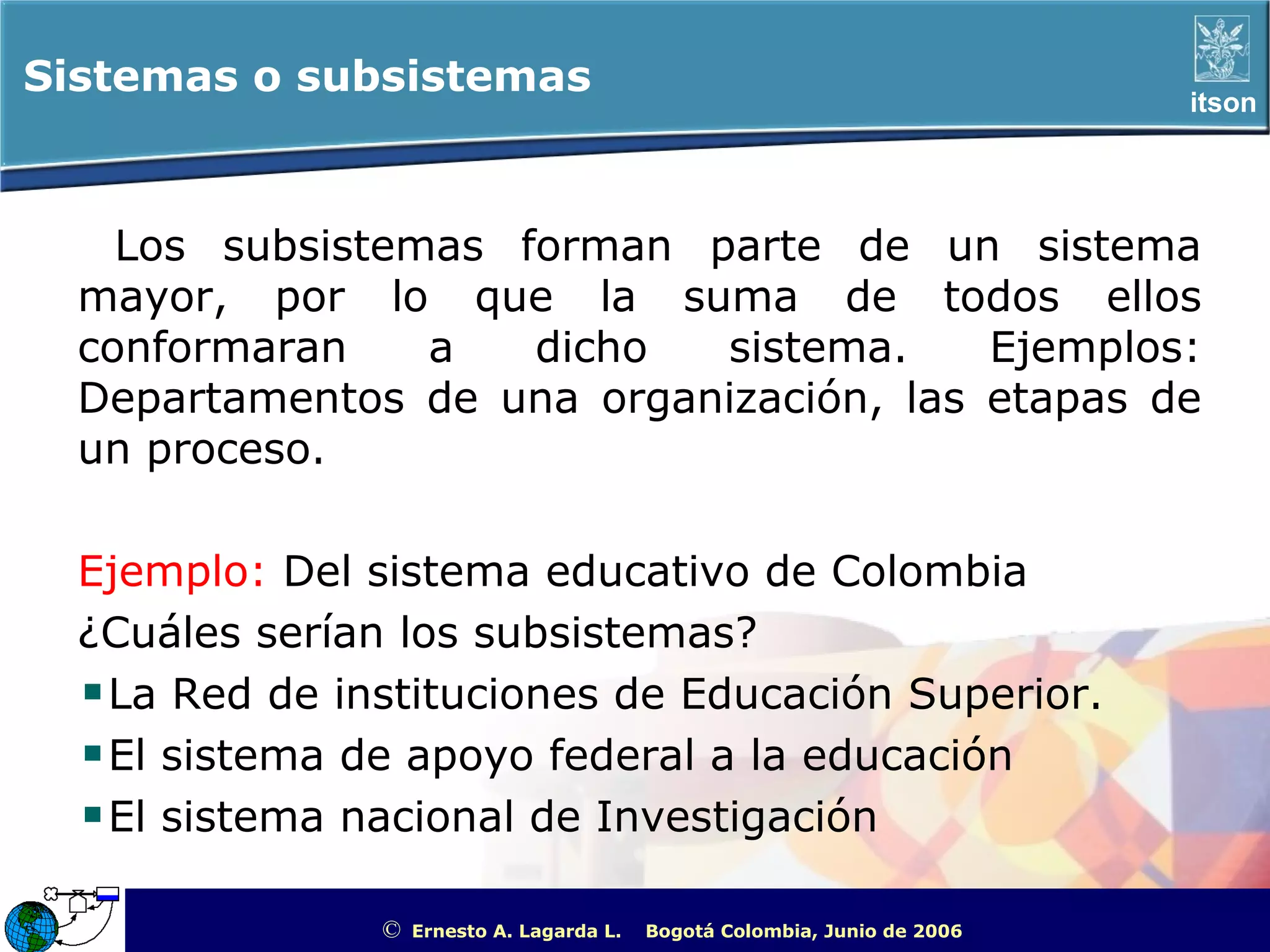 Sistemas o subsistemas                                                                              itson




    Los subsistemas forman parte de un sistema
  mayor, por lo que la suma de todos ellos
  conformaran    a   dicho  sistema.     Ejemplos:
  Departamentos de una organización, las etapas de
  un proceso.

  Ejemplo: Del sistema educativo de Colombia
  ¿Cuáles serían los subsistemas?
   La Red de instituciones de Educación Superior.
   El sistema de apoyo federal a la educación
   El sistema nacional de Investigación

               ©   Ernesto A. Lagarda L.   Bogotá Colombia, Junio de 2006   ITSON - “Educar para Trascender”
 