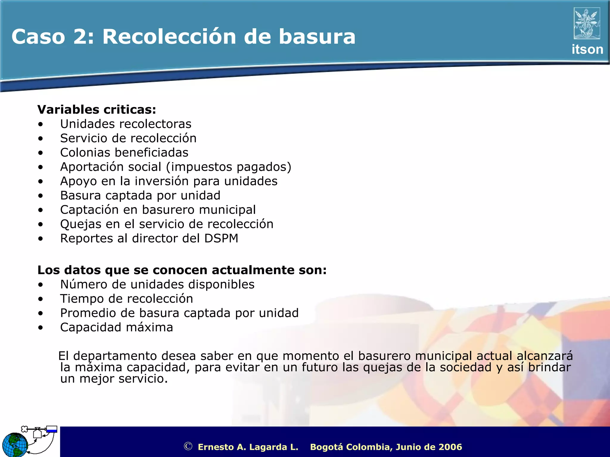 Caso 2: Recolección de basura                                                                                 itson



  Variables criticas:
  • Unidades recolectoras
  • Servicio de recolección
  • Colonias beneficiadas
  • Aportación social (impuestos pagados)
  • Apoyo en la inversión para unidades
  • Basura captada por unidad
  • Captación en basurero municipal
  • Quejas en el servicio de recolección
  • Reportes al director del DSPM

  Los datos que se conocen actualmente son:
  • Número de unidades disponibles
  • Tiempo de recolección
  • Promedio de basura captada por unidad
  • Capacidad máxima

     El departamento desea saber en que momento el basurero municipal actual alcanzará
     la máxima capacidad, para evitar en un futuro las quejas de la sociedad y así brindar
     un mejor servicio.




                         ©   Ernesto A. Lagarda L.   Bogotá Colombia, Junio de 2006   ITSON - “Educar para Trascender”
 