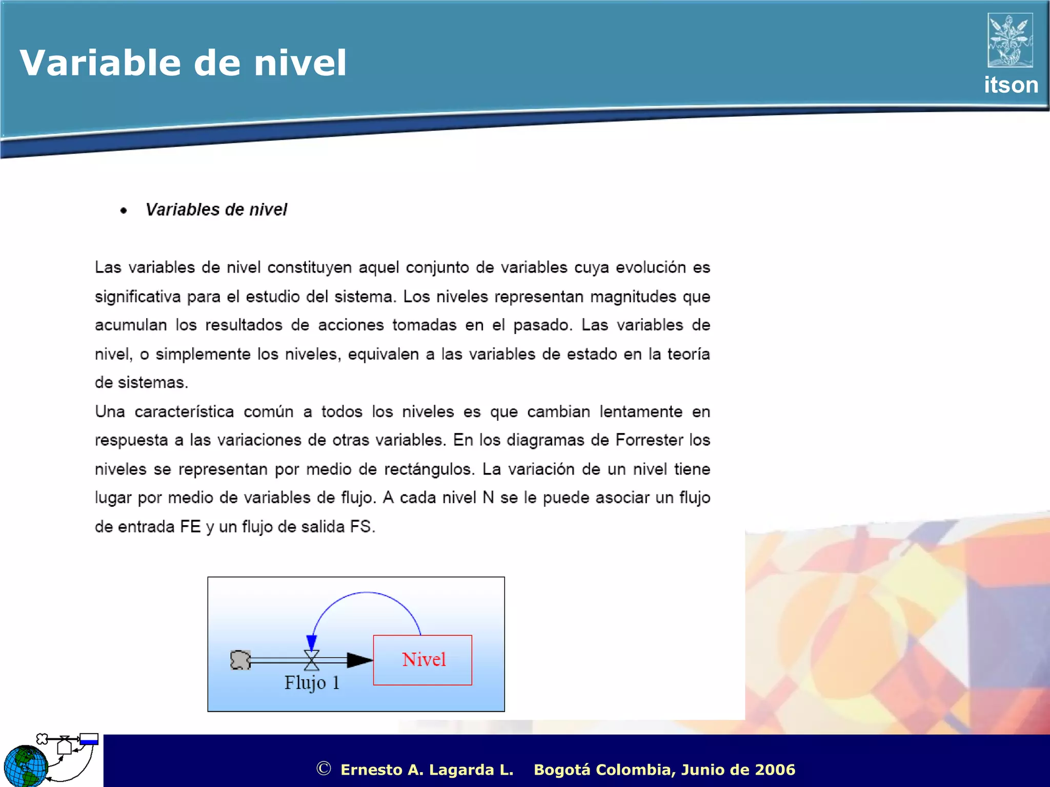 Variable de nivel                                                                                   itson




               ©   Ernesto A. Lagarda L.   Bogotá Colombia, Junio de 2006   ITSON - “Educar para Trascender”
 