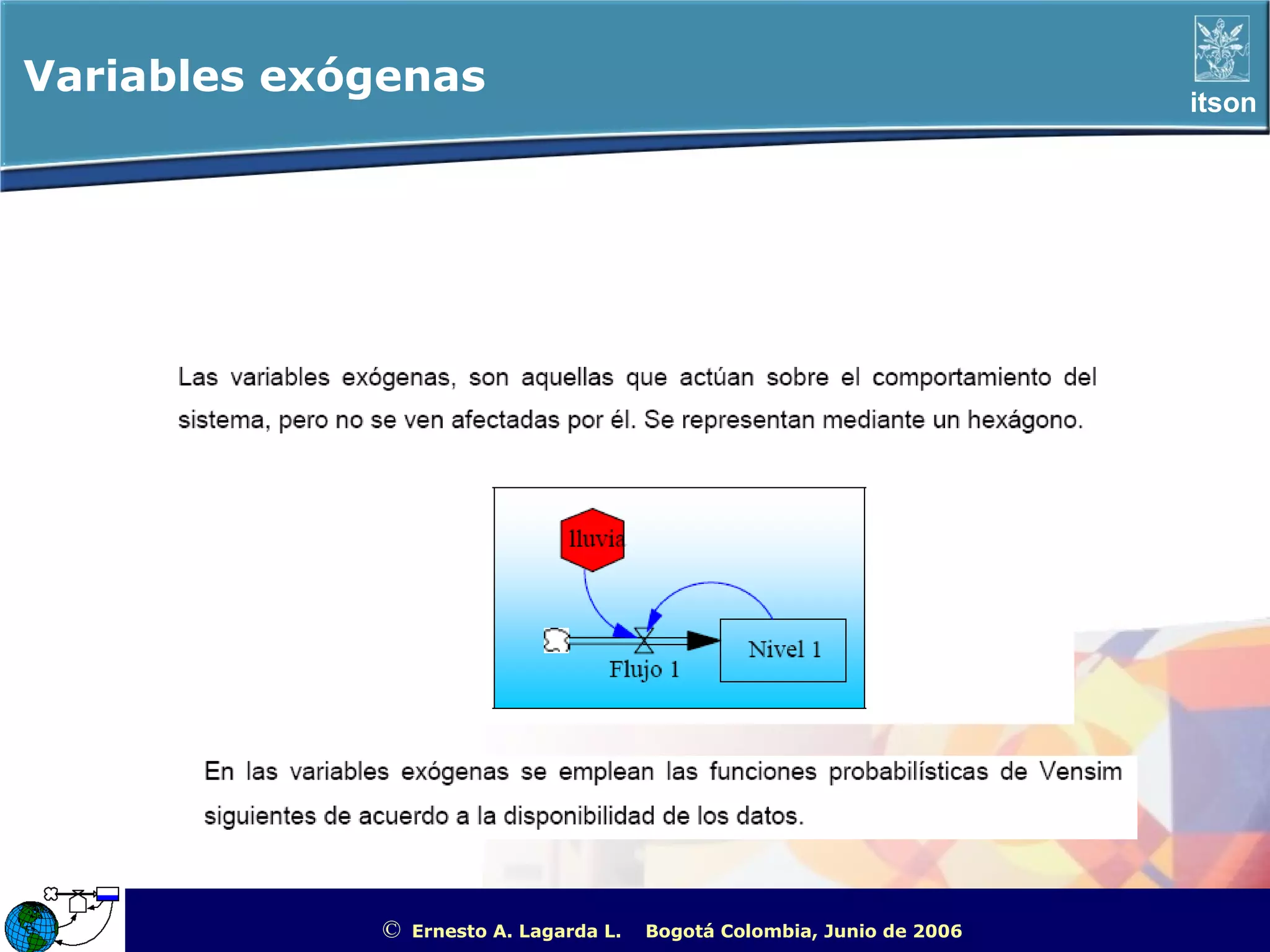 Variables exógenas                                                                                itson




             ©   Ernesto A. Lagarda L.   Bogotá Colombia, Junio de 2006   ITSON - “Educar para Trascender”
 