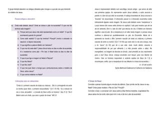 O grupo tentará descobrir os códigos utilizados pelo monge e o que ele nos quis transmitir
do mistério de Jesus.
Pistas/códigos a descobrir:
a) Onde está deitado Jesus? Onde se coloca o pão na eucaristia? O que nos faz
lembrar esta imagem?
b) Porque será que Jesus não está representado como um bebé? O que lhe
acontecerá quando for grande?
c) Como está vestido? O que faz lembrar? Porquê? (morto e colocado no
sepulcro- e depois ressuscita)
d) O que significa a palavra Belém em hebraico?
e) O que nos diz este altar? (Jesus dá-se todos os dias no altar da eucaristia.
Aí o recebemos como pão – Por isso: é Natal todos os dias no altar da
eucaristia)
f) O que é que liga a imagem do Natal à Páscoa?
g) O que faz Maria?
h) O que faz José?
i) O que nos quer dizer o monge que o pintou/escreveu sobre o mistério de
Deus, sobre Jesus?
j) O que vamos celebrar no Natal?
Indicações para os catequistas:
“Cristo é o primeiro nascido de todas as criaturas... Ele é o primogénito de entre
os mortos (quer dizer, o primeiro ressuscitado).” Col 1,15-18); “ Eu vi descer do
céu a nova Jerusalém... a morada de Deus entre os homens.” (Ap 21,3); “De ti
Belém saíra um chefe, que será o pastor de Israel.” Mt 2,6
Jesus é representado deitado num sarcófago, túmulo antigo - que serviu de altar
nas primeiras igrejas. Ao representar assim Jesus deitado, o autor anuncia a
paixão e o dom da sua vida na eucaristia. A cabeça levantada de Jesus anuncia o
“levantar” da ressurreição. A dimensão pascal e a dimensão eucarística estão
intimamente ligadas nesta imagem. Se Jesus está deitado numa “manjedoura” e
Lucas retoma trés vezes estes termos no capítulo 2 são para mostrar que ele se
dá em alimento, Ele é o “pão da vida” que desceu do céu. E Belém em hebraico
significa: casa do pão. Se a manjedoura é um altar nesta imagem, é porque Jesus
continua a oferecer-se quotidianamente no pão da Eucaristia. Maria dá e
apresenta ao mundo o filho “primeiro nascido de todas as criaturas, e primeiro
nascido de entre os mortos” (Col 1,15-18) cujo rosto não é o de uma criança, mas
a do “servo” (Is 53) que dá a sua vida. José, muito atento, assume a
responsabilidade de pai que alimenta ( a mão posada sobre o altar). No
evangeliário, na imagem da descida ao túmulo, José presidirá ao seu nascimento
para o céu! Deus dá-se, criança envolvida num lençol, para nos libertar da
morte.» Que os homens respondam à ardente súplica de Deus (Is 1,3) e
reconheçam, enfim, que a manjedoura do seu Mestre é a mesa da eucaristia.»
in «À ciel ouvert»
Sylvie Bethmont-Gallerand et Catherine de Salaberry
3.Tempo de Rezar:
Convidar a pensar durante alguns minutos de silêncio: Que convite me faz Jesus no seu
Natal? Onde posso receber o Pão do Céu? Porquê?
Convidar a rezar, a conversar com Jesus sobre a Boa Notícia recebida, a agradecer-lhe:
Jesus salva-me da morte, abre para mim o céu e dá-me o pão da eucaristia!
 