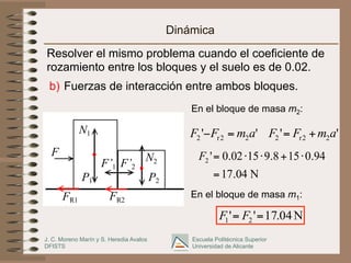 J. C. Moreno Marín y S. Heredia Avalos
DFISTS
Escuela Politécnica Superior
Universidad de Alicante
Dinámica
b)  Fuerzas de interacción entre ambos bloques.
Resolver el mismo problema cuando el coeficiente de
rozamiento entre los bloques y el suelo es de 0.02.
F
P1 P2
N1
N2F’1 F’2
FR1 FR2
En el bloque de masa m2:
'' 22r2 amFF =− '' 22r2 amFF +=
N04.17
94.0158.91502.0'2
=
⋅+⋅⋅=F
N04.17'' 21 == FF
En el bloque de masa m1:
 