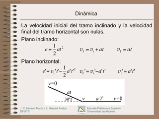J. C. Moreno Marín y S. Heredia Avalos
DFISTS
Escuela Politécnica Superior
Universidad de Alicante
Dinámica
La velocidad inicial del tramo inclinado y la velocidad
final del tramo horizontal son nulas.
Plano inclinado:
v=0v
v=0
at
a’t’30º
2
2
1
ate = at+= if vv at=fv
2
i ''
2
1
''' tate −= v '''' if ta−= vv '''i ta=v
Plano horizontal:
 