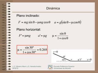 J. C. Moreno Marín y S. Heredia Avalos
DFISTS
Escuela Politécnica Superior
Universidad de Alicante
Dinámica
Plano inclinado:
Plano horizontal:
v=0v
v=0
at
a’t’30º
θµ−θ= cossin mgmgF ( )θµ−θ= cossinga
mgF µ=' ga µ='
θ+
θ
=µ
cos1
sin
268.0
º30cos1
º30sin
=
+
=µ
 