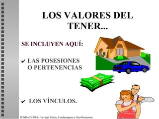 LOS VALORES DEL TENER... <ul><li>SE INCLUYEN AQUÍ: </li></ul><ul><li>LAS POSESIONES O PERTENENCIAS  </li></ul><ul><li>LOS ...