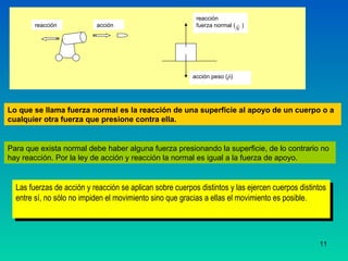 Lo que se llama fuerza normal es la reacción de una superficie al apoyo de un cuerpo o a cualquier otra fuerza que presione contra ella. Para que exista normal debe haber alguna fuerza presionando la superficie, de lo contrario no hay reacción. Por la ley de acción y reacción la normal es igual a la fuerza de apoyo. Las fuerzas de acción y reacción se aplican sobre cuerpos distintos y las ejercen cuerpos distintos entre sí, no sólo no impiden el movimiento sino que gracias a ellas el movimiento es posible. reacción acción acción peso (  ) reacción fuerza normal (  ) 
