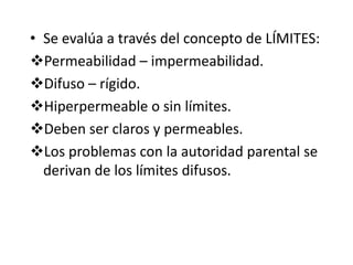 • Se evalúa a través del concepto de LÍMITES:
Permeabilidad – impermeabilidad.
Difuso – rígido.
Hiperpermeable o sin límites.
Deben ser claros y permeables.
Los problemas con la autoridad parental se
  derivan de los límites difusos.
 
