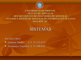 UNIVERSIDAD DE ORIENTE
NÚCLEO DE MONAGAS
DEPARTAMENTO DE INGENIERIA DE SISTEMAS
ANÁLISIS Y DISEÑO DE SISTEMAS DE INFORMACIÓN (071-4323)
SECCIÓN "02"

SISTEMAS
BACHILLERES:



Génesis Ojeda
C.I: 21.131.673
Teomarys Trujillo C.I: 21.398.033

 