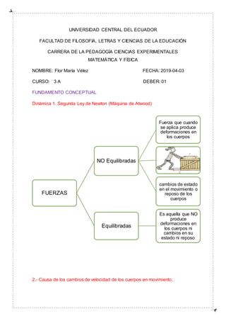 UNIVERSIDAD CENTRAL DEL ECUADOR
FACULTAD DE FILOSOFIA, LETRAS Y CIENCIAS DE LA EDUCACIÓN
CARRERA DE LA PEDAGOGÍA CIENCIAS EXPERIMENTALES
MATEMÁTICA Y FÍSICA
NOMBRE: Flor María Vélez FECHA: 2019-04-03
CURSO: 3 A DEBER: 01
FUNDAMENTO CONCEPTUAL
Dinámica 1. Segunda Ley de Newton (Máquina de Atwood)
2.- Causa de los cambios de velocidad de los cuerpos en movimiento.
FUERZAS
NO Equilibradas
Fuerza que cuando
se aplica produce
deformaciones en
los cuerpos
cambios de estado
en el movimiento o
reposo de los
cuerpos
Equilibradas
Es aquella que NO
produce
deformaciones en
los cuerpos ni
cambios en su
estado ni reposo.
 