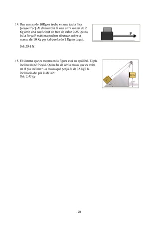 14.	
  Una	
  massa	
  de	
  10Kg	
  es	
  troba	
  en	
  una	
  taula	
  llisa	
  
(sense	
  frec).	
  Al	
  damunt	
  hi	
  té	
  una	
  altra	
  massa	
  de	
  2	
  
Kg	
  amb	
  una	
  coeicient	
  de	
  frec	
  de	
  valor	
  0.25.	
  Quina	
  
és	
  la	
  força	
  F	
  màxima	
  podem	
  efectuar	
  sobre	
  la	
  
massa	
  de	
  10	
  Kg	
  per	
  tal	
  que	
  la	
  de	
  2	
  Kg	
  no	
  caigui.	
  
	
   Sol:	
  29,4	
  N	
  
15. El sistema que es mostra en la figura està en equilibri. El pla
inclinat no té fricció. Quina ha de ser la massa que es troba
en el pla inclinat? La massa que penja és de 3,5 kg i la
inclinació del pla és de 40º.
Sol: 5,45 kg
!
!
!
29
 