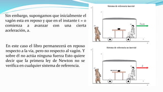 En este caso el libro permanecerá en reposo
respecto a la vía, pero no respecto al vagón. Y
sobre él no actúa ninguna fuerza Esto quiere
decir que la primera ley de Newton no se
verifica en cualquier sistema de referencia.
Sin embargo, supongamos que inicialmente el
vagón esta en reposo y que en el instante t = 0
comienza a avanzar con una cierta
aceleración, a.
 