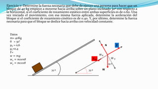 Ejercicio 7: Determine la fuerza necesaria que debe de ejercer una persona para hacer que un
bloque de 40 kg empiece a moverse hacia arriba sobre un plano inclinado 30º con respecto a
la horizontal, si el coeficiente de rozamiento estático entre ambas superficies es de 0.60. Una
vez iniciado el movimiento, con esa misma fuerza aplicada, determine la aceleración del
bloque si el coeficiente de rozamiento cinético es de 0.40. Y, por último, determine la fuerza
necesaria para que el bloque se deslice hacia arriba con velocidad constante.
 
N
W
W x
W y
P
f s
 
 
F
FRE
Datos
m= 40Kg
 = 30°
μE = 0,6
μc=0,4
F=
𝑤 = 𝑚𝑔
𝑤 𝑥 = 𝑚𝑠𝑒𝑛𝜃
𝑤 𝑦 = 𝑚𝑐𝑜𝑠𝜃
 