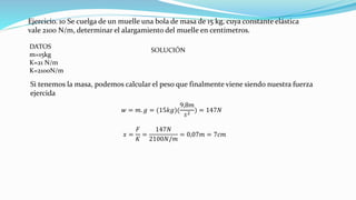 Ejercicio. 10 Se cuelga de un muelle una bola de masa de 15 kg, cuya constante elástica
vale 2100 N/m, determinar el alargamiento del muelle en centímetros.
DATOS
m=15kg
K=21 N/m
K=2100N/m
SOLUCIÓN
Si tenemos la masa, podemos calcular el peso que finalmente viene siendo nuestra fuerza
ejercida
𝑤 = 𝑚. 𝑔 = (15𝑘𝑔)(
9,8𝑚
𝑠2
) = 147𝑁
𝑥 =
𝐹
𝐾
=
147𝑁
2100𝑁/𝑚
= 0,07𝑚 = 7𝑐𝑚
 