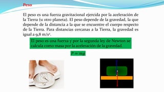 Peso
El peso es una fuerza gravitacional ejercida por la aceleración de
la Tierra (u otro planeta). El peso depende de la gravedad, la que
depende de la distancia a la que se encuentre el cuerpo respecto
de la Tierra. Para distancias cercanas a la Tierra, la gravedad es
igual a 9,8 m/s2.
𝑃 = 𝑚𝑔
El peso es una fuerza y por la segunda ley de Newton se
calcula como masa por la aceleración de la gravedad.
 