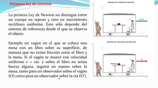 La primera Ley de Newton no distingue entre
un cuerpo en reposo y otro en movimiento
rectilíneo uniforme. Esto sólo depende del
sistema de referencia desde el que se observa
el objeto.
Ejemplo un vagón en el que se coloca una
mesa con un libro sobre su superficie, de
manera que no existe fricción entre el libro y
la mesa. Si el vagón se mueve con velocidad
uniforme v = cte. y sobre el libro no actúa
fuerza alguna, seguirá en reposo sobre la
mesa, tanto para un observador sobre el vagón
(O) como para un observador sobre la vía (O').
Primera ley de newton
 