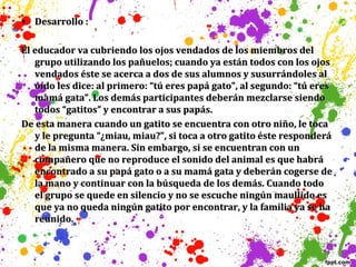 • Desarrollo :
El educador va cubriendo los ojos vendados de los miembros del
grupo utilizando los pañuelos; cuando ya están todos con los ojos
vendados éste se acerca a dos de sus alumnos y susurrándoles al
oído les dice: al primero: “tú eres papá gato”, al segundo: “tú eres
mamá gata”. Los demás participantes deberán mezclarse siendo
todos “gatitos” y encontrar a sus papás.
De esta manera cuando un gatito se encuentra con otro niño, le toca
y le pregunta “¿miau, miau?”, si toca a otro gatito éste responderá
de la misma manera. Sin embargo, si se encuentran con un
compañero que no reproduce el sonido del animal es que habrá
encontrado a su papá gato o a su mamá gata y deberán cogerse de
la mano y continuar con la búsqueda de los demás. Cuando todo
el grupo se quede en silencio y no se escuche ningún maullido es
que ya no queda ningún gatito por encontrar, y la familia ya se ha
reunido.

 