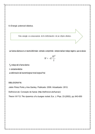 6.-Energía potencial elástica.
BIBLIOGRAFIA:
Julián Pérez Porto y Ana Gardey. Publicado: 2008. Actualizado: 2012.
Definicion.de: Concepto de fuerza (http://definicion.de/fuerza/)
Theron W F D. The dynamics of a bungee rocket. Eur. J. Phys. 23 (2002), pp. 643-650
Esta energía es consecuencia de la deformación de un objeto elástico.
 